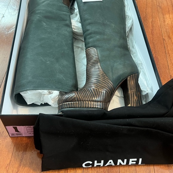 CHANEL Shoes - CHANEL Navy and Brown Over the Knee Boots- size 38/8